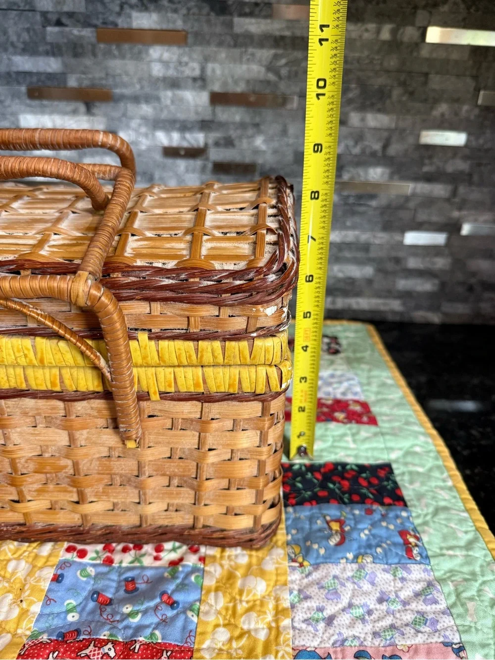 Vintage Small Woven Picnic Basket with Yellow Trim